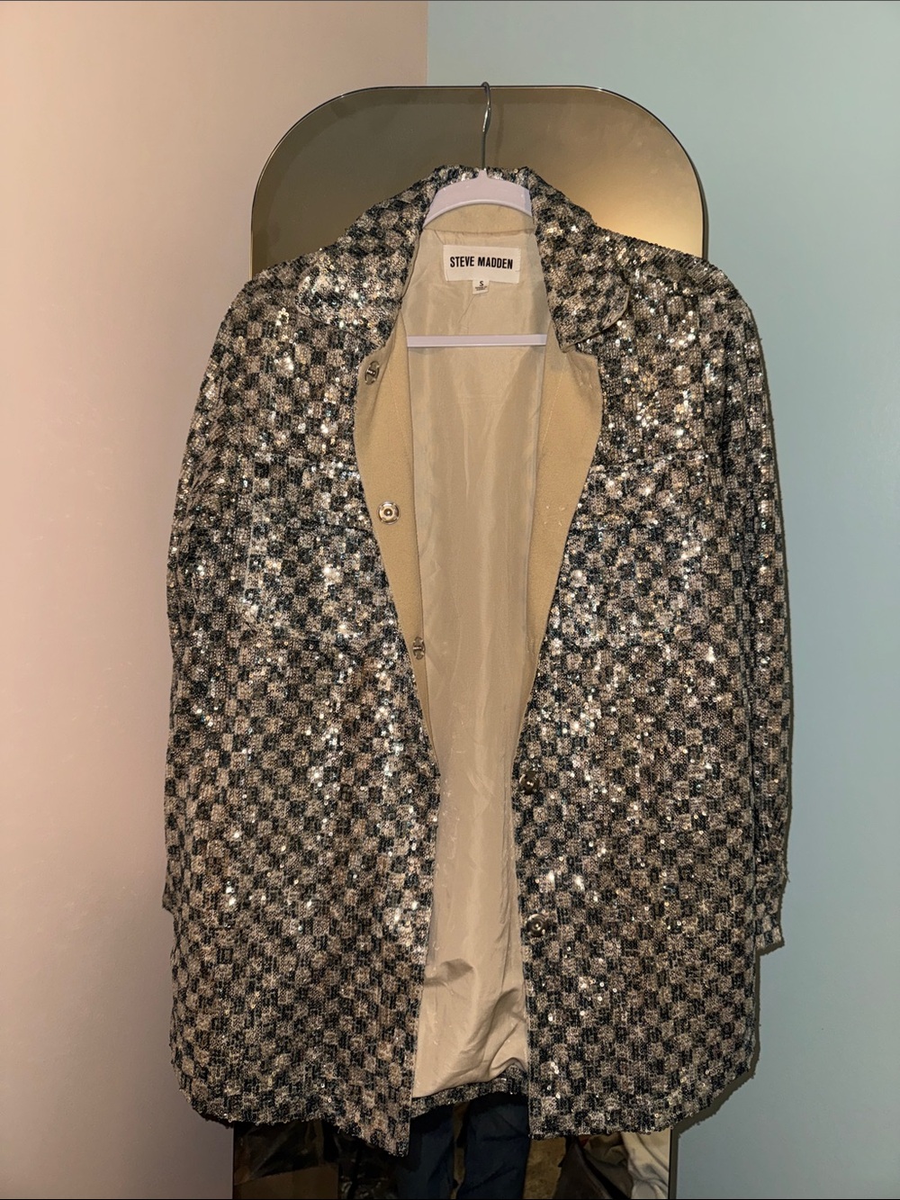 Steve Madden Black & Silver checkered Sequin Tweed Blazer Coat
